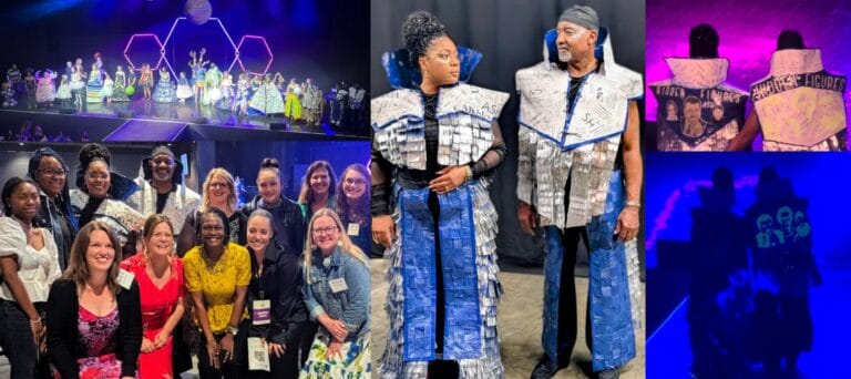 Collage of images showcasing paper outfits, team, and event.