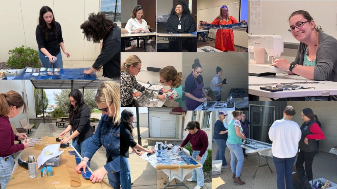 Image showcases group of people working together to complete a project. They are painting, sewing, and arranging paper.