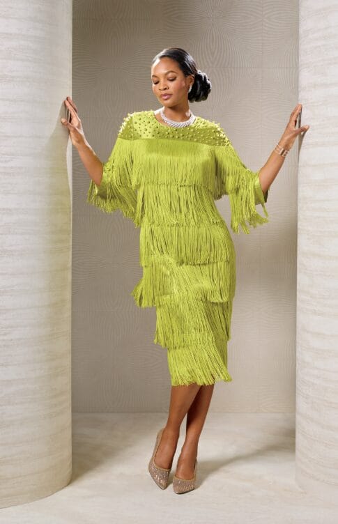 Model wearing the Maizie Fringey Embellished Sheath Dress, showcasing the sleek sheath silhouette, all-over fringe detailing, and tonal bead embellishments at the neckline.