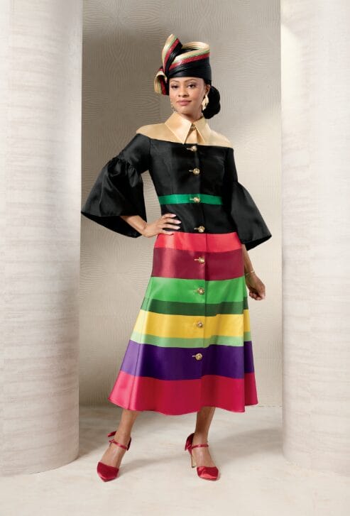Model wearing the Multi-Striped Fit-and-Flare Dress, showcasing the rich multicolor stripes and decorative gold-tone buttons.