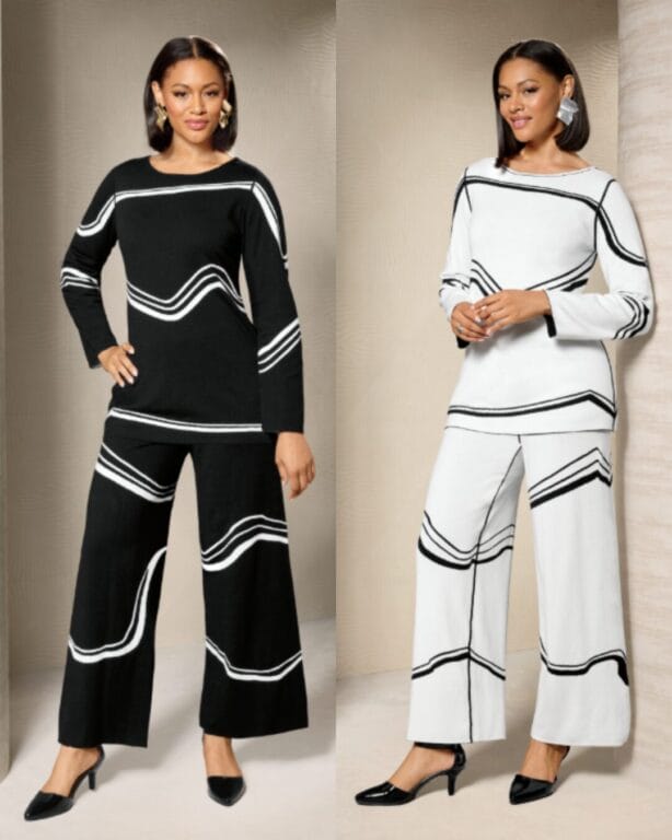 Model wearing a reversible knit sweater and pant set, displaying two stylish looks in one versatile outfit.