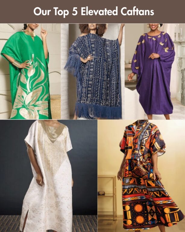 Five women modeling colorful and patterned caftans.