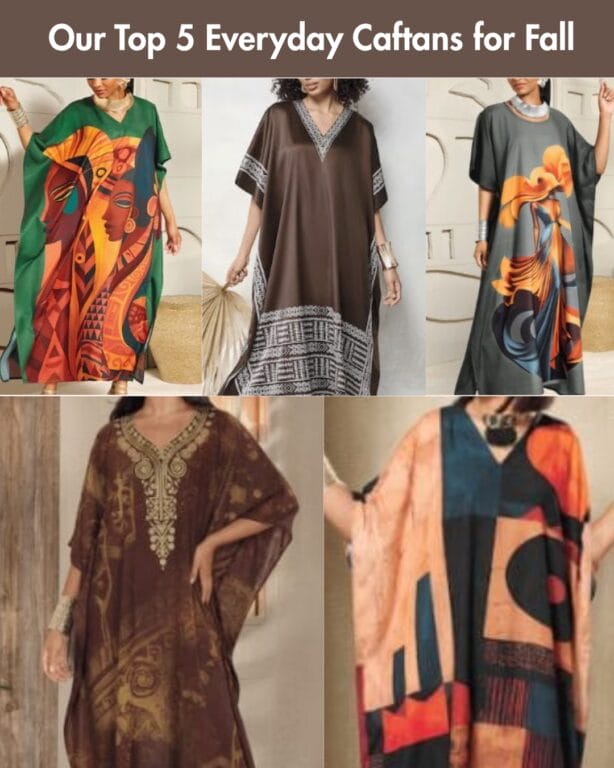 Five women modeling colorful and patterned caftans for fall.