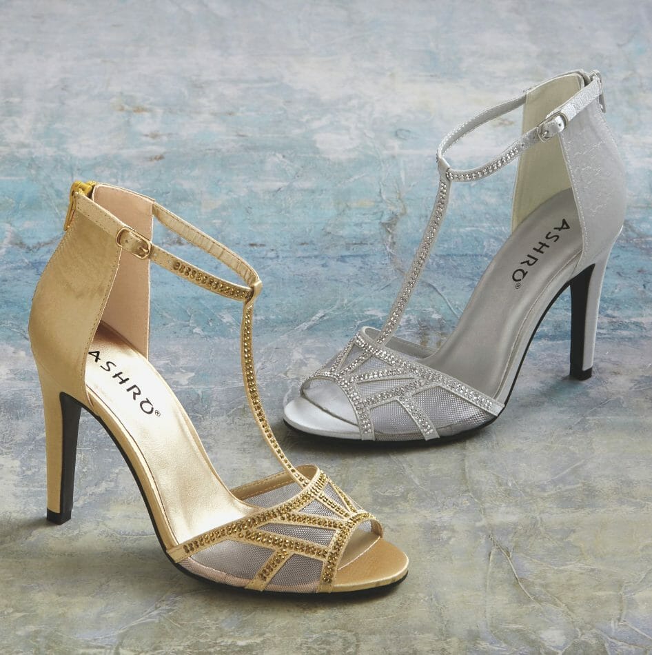 One gold and one silver fancy high heeled strap shoe