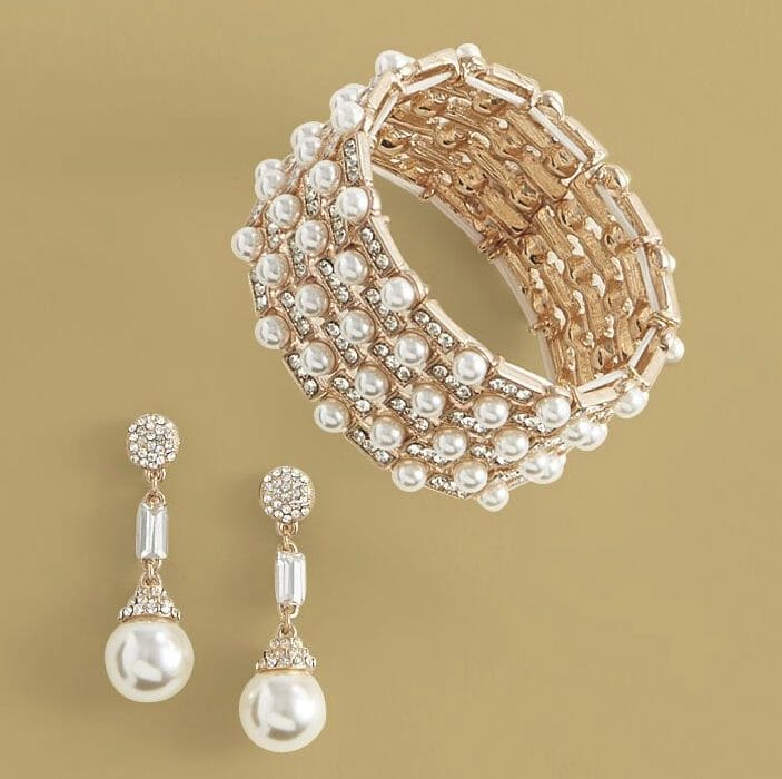gold faux-pearl and diamond bracelet and drop earrings