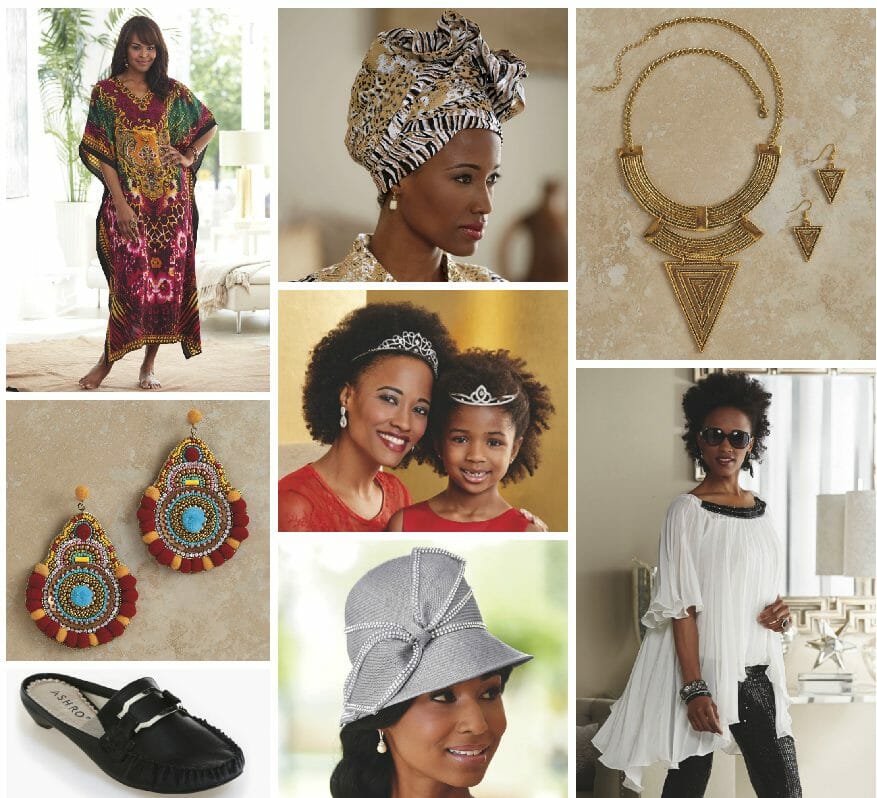 gift ideas-caftan, headwrap, necklace & earrings, shoes, gray bow hat, flowing white shirt