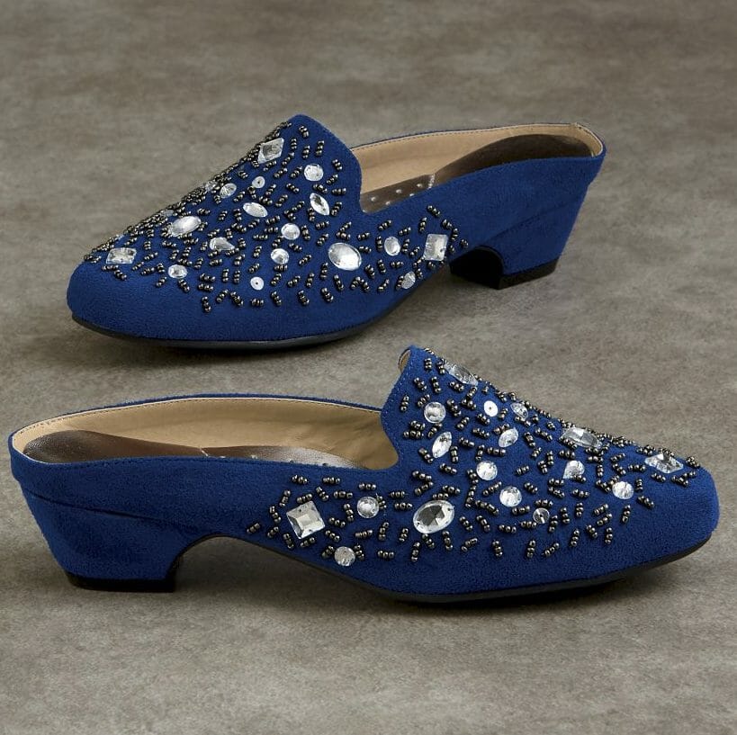 blue slide shoe with diamond jewels and beads