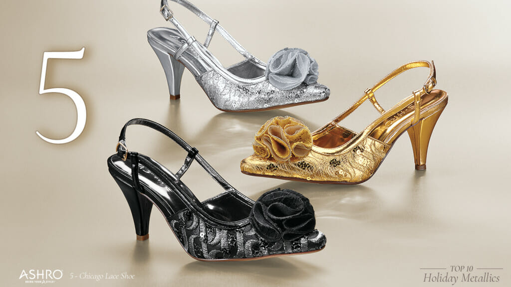 A silver, a gold, and a black lace detail pumps with straps and a floral pom-pom on each toe.