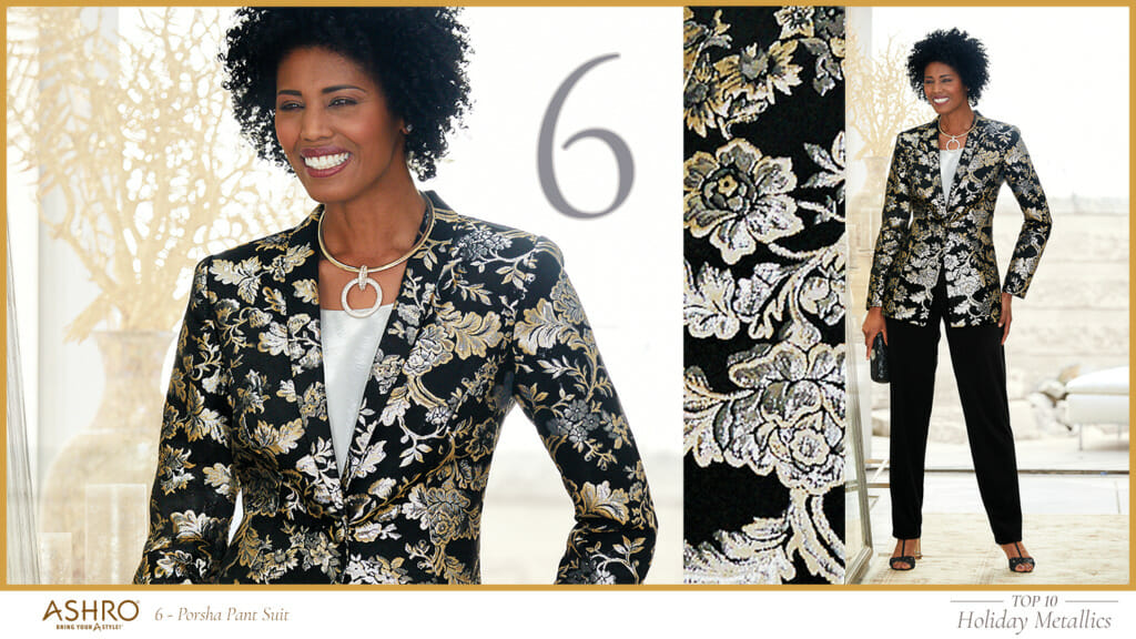 Two views of an African-American woman in a black, silver, and gold jacket and black pants.