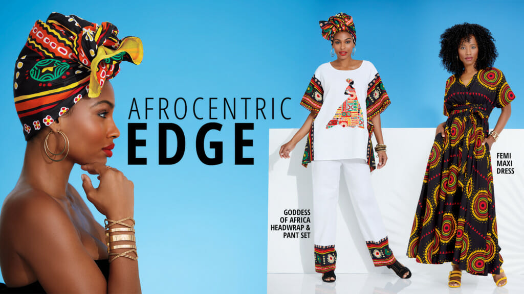 Black woman in multicolor headwrap-Afrocentric Edge-black woman in Afrocentric pantset and maxi dress
