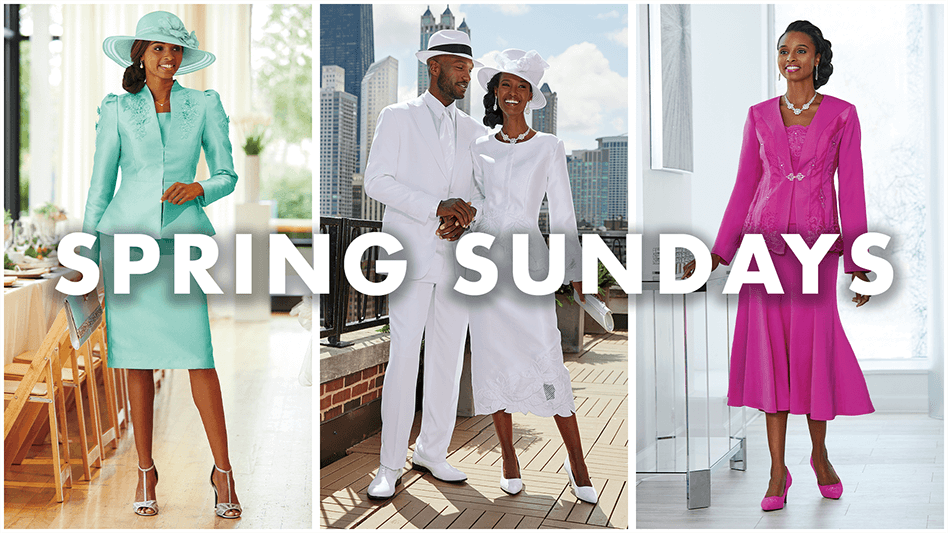 Spring Sundays-a black woman in a mint skirt suit, a black couple in formal white attire, a woman in a pink jacket dress.