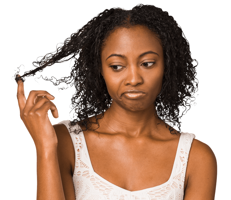 black woman twisting hair with a sad face