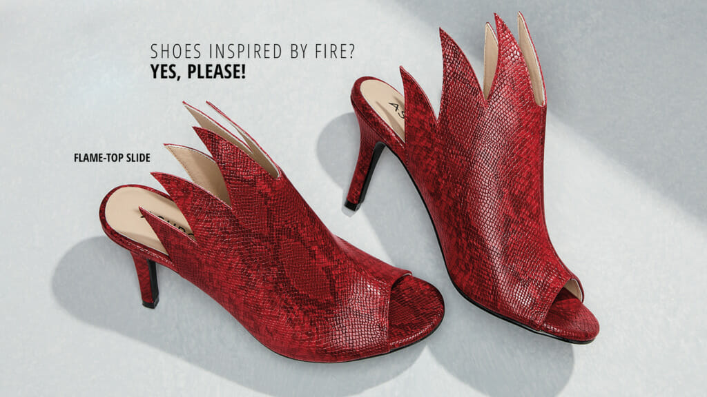 'Shoes inspired by fire? Yes, Please!'-red snake print, flame top slide shoes with heels.