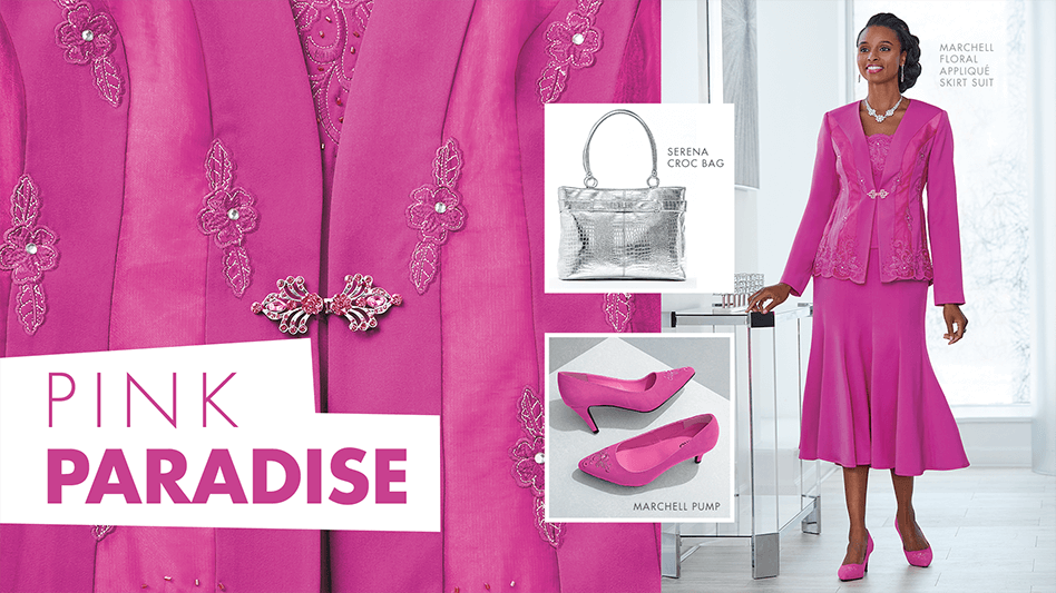 Pink Paradise-a black woman in a pink floral applique skirt suit, pink pumps and a silver croc bag.