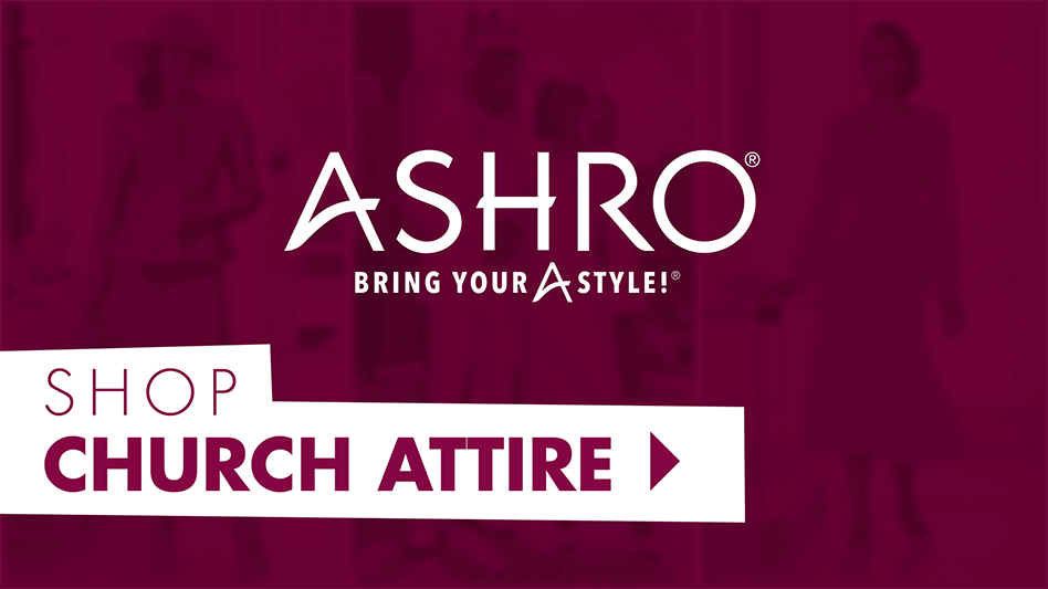 White Ashro brand logo-Shop Church Attire with mauve background.