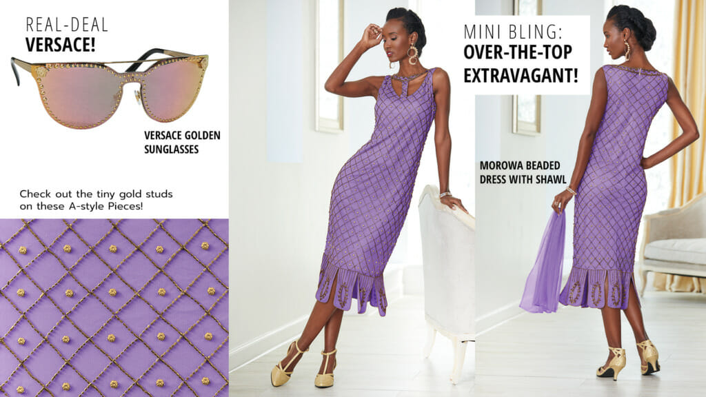 Golden Versace sunglasses and a black woman wearing a lavender diamond-patterned beaded dress with a matching shawl.