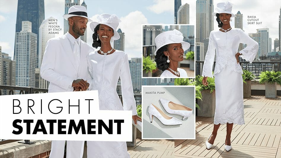 Bright Statement-Black couple in fancy white attire, white pump shoe