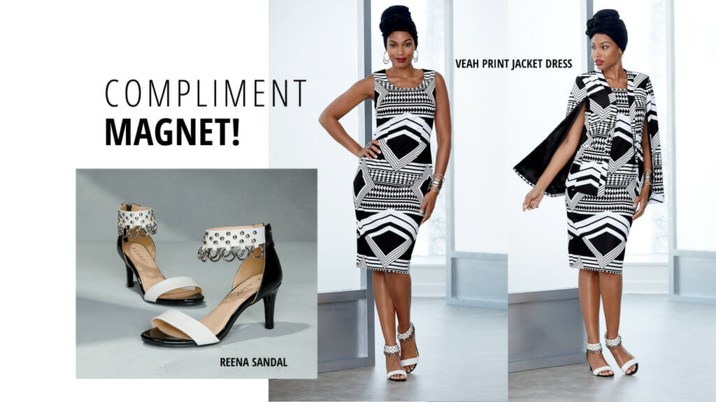 'Compliment Maget!'-black and white pumps, and a black woman in a black and white geometric print dress.