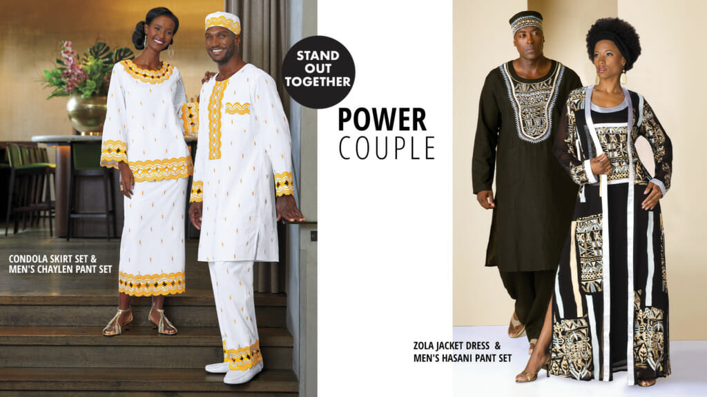 'Stand Out Together, Power Couple'-a black man and woman in matching Afrocentric styles, in gold/white and black/white.