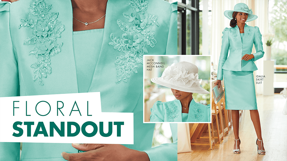 Floral Standout-black woman in mint skirt suit with matching hat, also with white hat