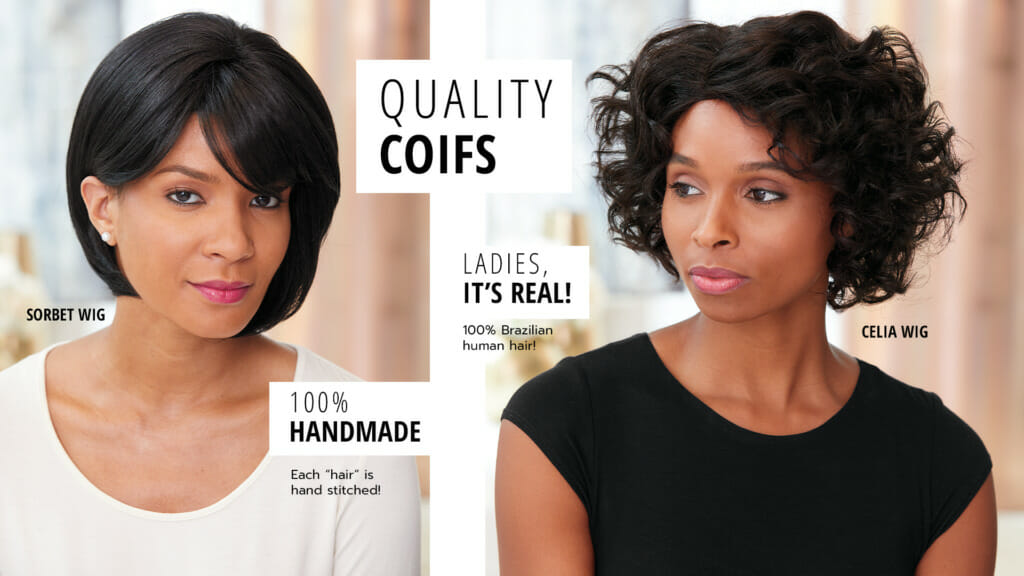 'Quality Coifs-Ladies, it's real!-100% handmade'-Two black women in short, black wigs styled differently.