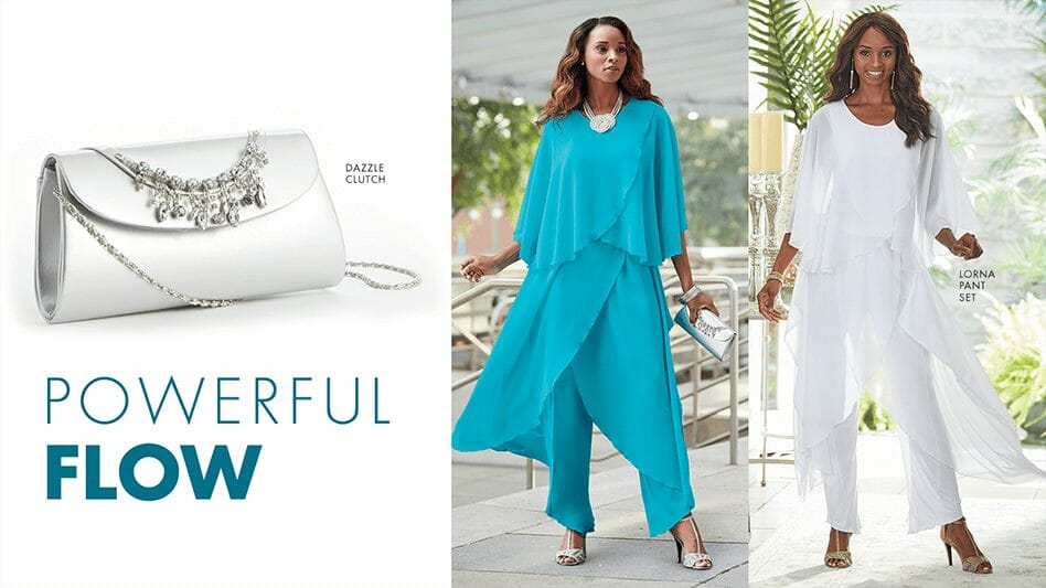 Powerful Flow-white jeweled clutch, and a black woman in a flowing, fluttering pant set in aqua blue and white.