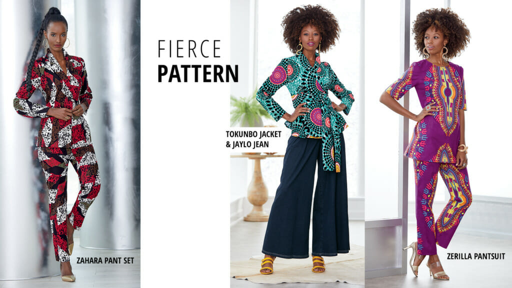 'Fierce Pattern'-a black woman in three different Afrocentric print outfits: two pant sets and a skirt and top.