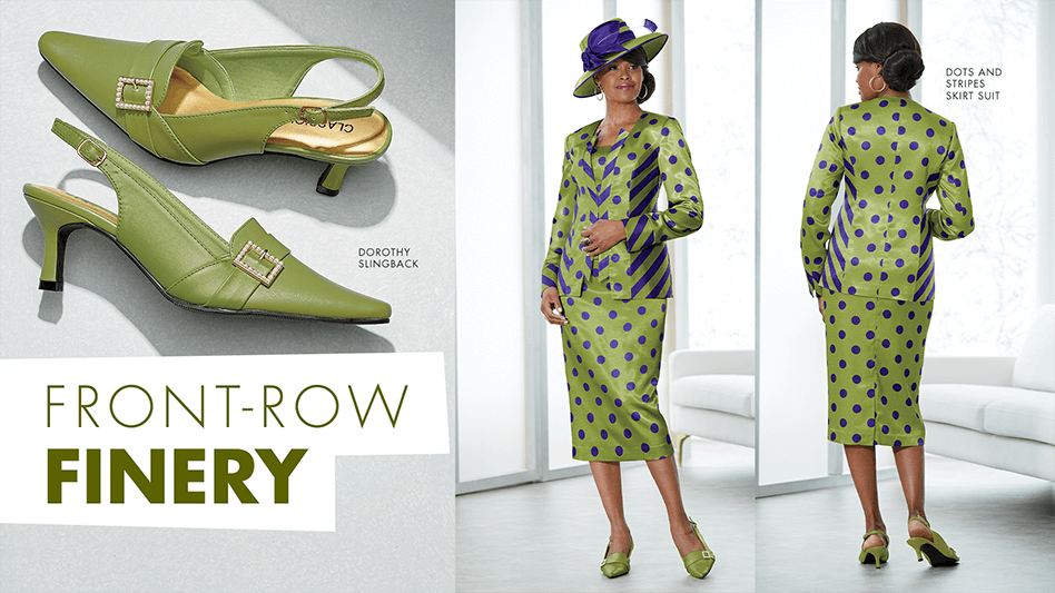 Front-Row Finery-green slingback pumps, and a black woman in a green and purple polka dot and striped skirt suit.