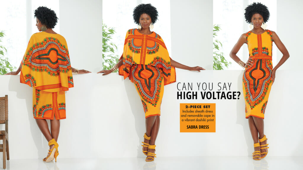 A black woman in a yellow and orange Afrocentric cape dress-'Can You Say High Voltage?'