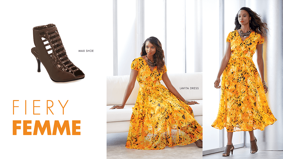 Fiery Femme-brown gladiator pump and a black woman in an orange print dress with a full skirt.
