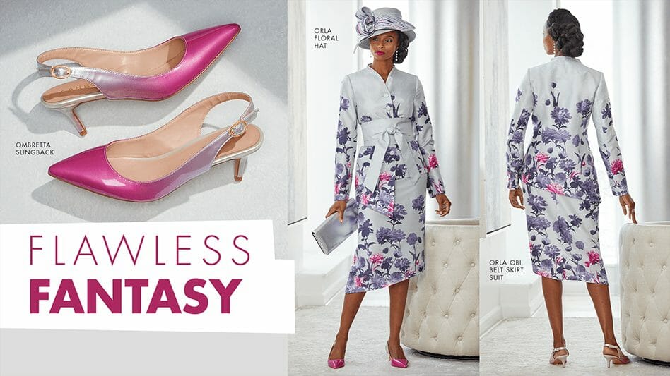 Flawless Fantasy-pink slingback shoes, and a black woman in a grey and purple floral print skirt suit, front and back.