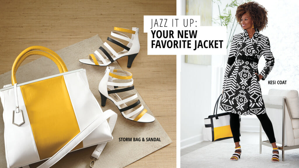 White and yellow bag; white, black, yellow heels; and a black woman in a long black and white geo-print jacket-'Jazz It Up'.