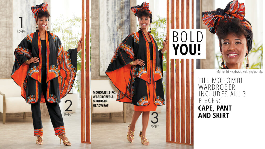 A black woman in a black and orange 3-pc. wardrober, including a cape, pant and skirt-'Bold You!'