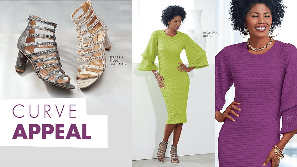 Curve Appeal-straps and studs gladiator shoes, and a black woman in a tiered bell sleeve dress in lime green and purple