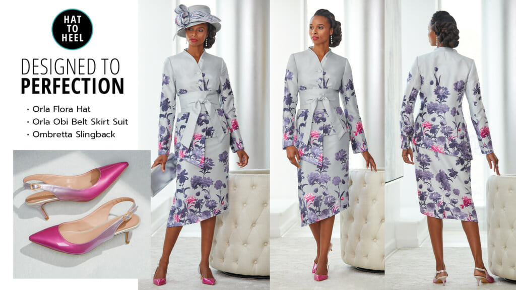 'Hat to Heel-Designed to Perfection'-pink pumps and an African-American woman in a grey, purple and pink floral dress.