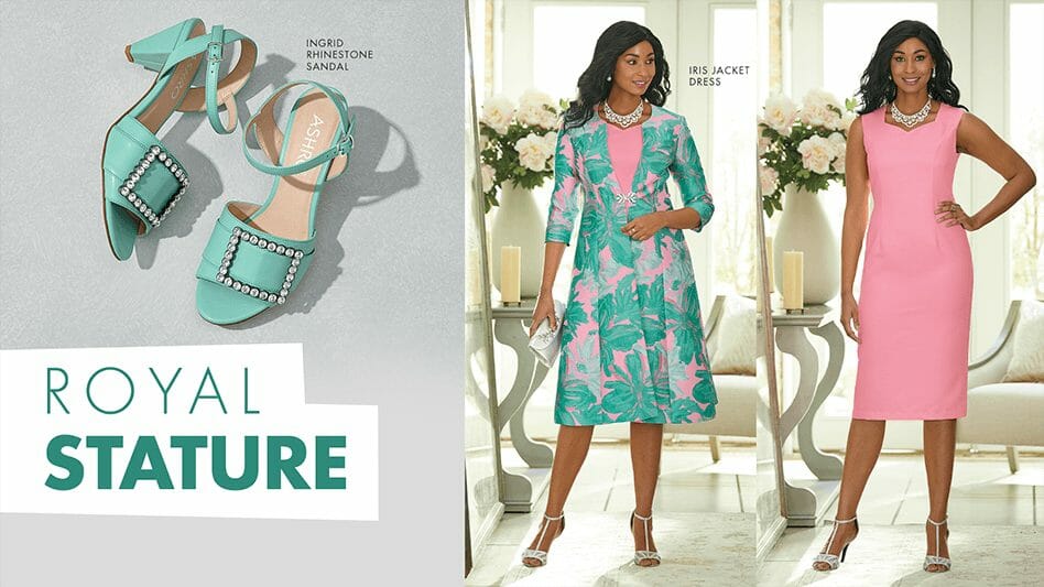Royal Stature-mint rhinestone sandals, and a black woman wearing a pink and teal blue floral print jacket dress.