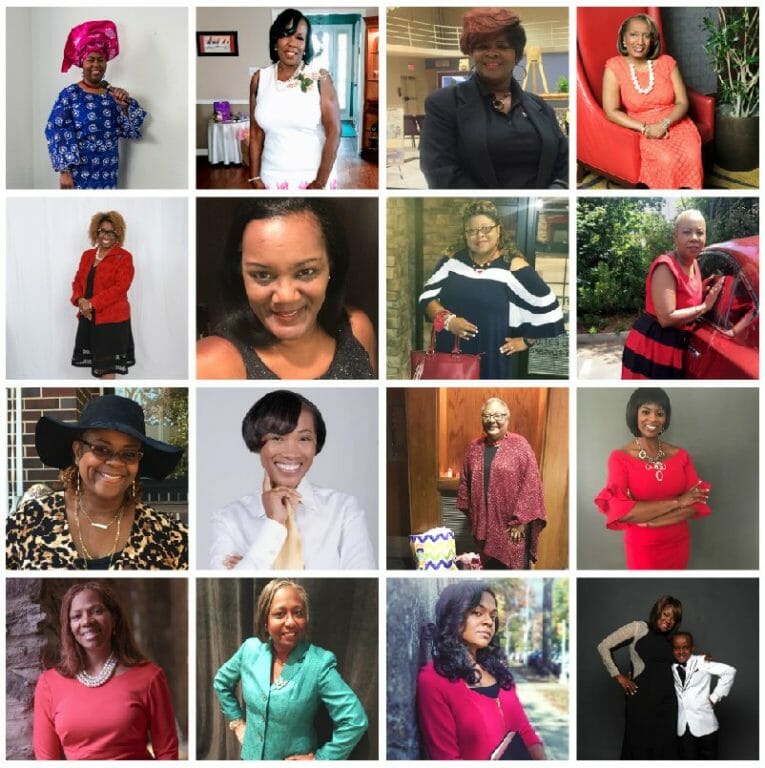 18 African-American women in different outfits and poses.