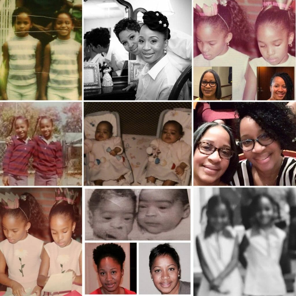 African-American twin sisters together as babies, young children, and as adults.
