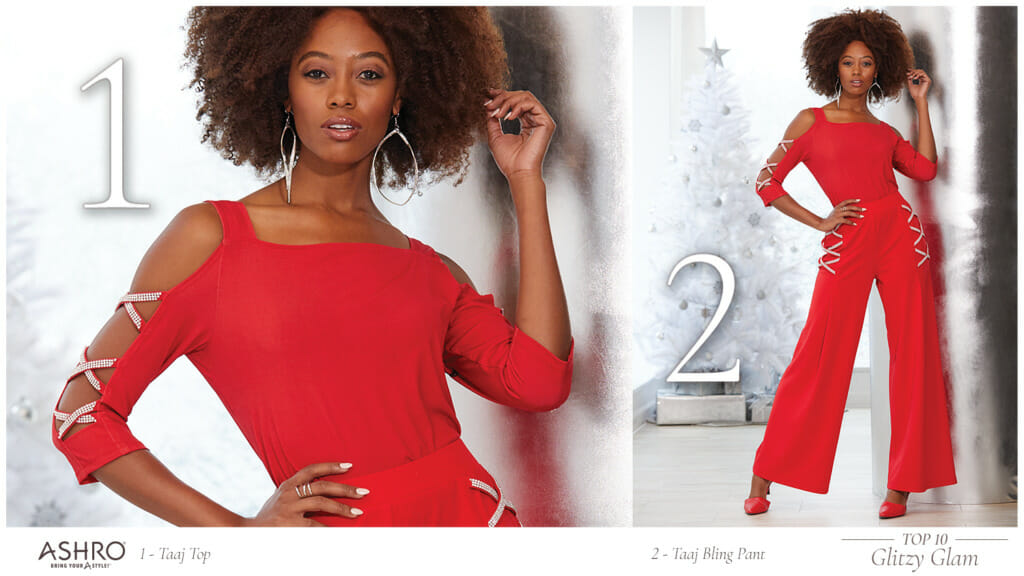 Two views of an African-American woman in a red top with silver criss-cross detail and matching pants.