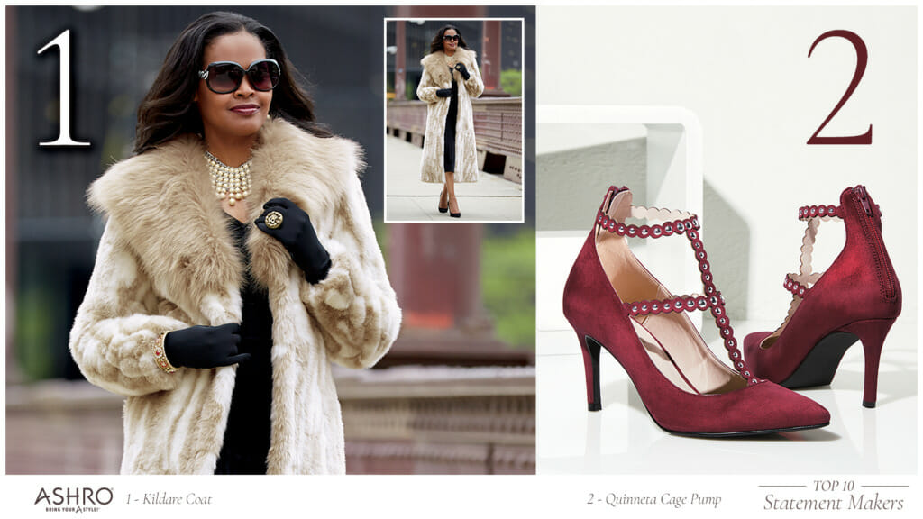 Two views of a black woman in sunglasses wearing a faux-fur off-white coat, and dark red ankle strap pumps.