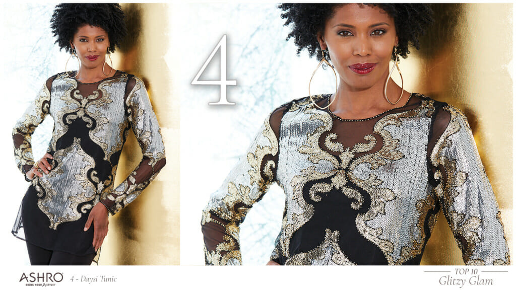 Two views of a black woman in a sheer black blouse with gold and silver sequin detail.