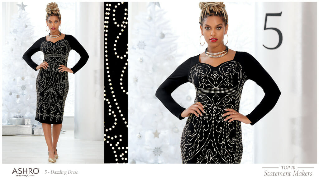 Two views of a black woman in a fitted black dress with intricate stud detail.