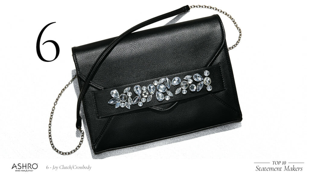 A black clutch with a crossbody strap and jewel detail on the front.