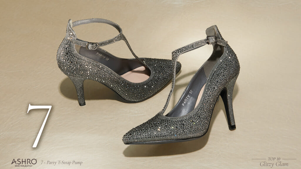 Gray bling ankle strap pumps with high heels.