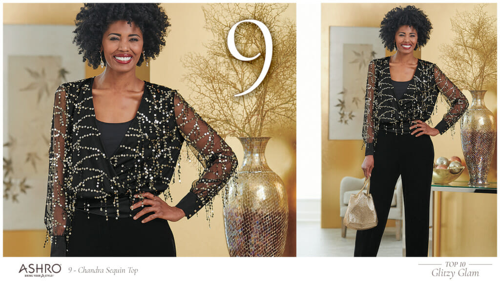 An African-American woman in a sheer top with gold fringe sequin detail and black pants.
