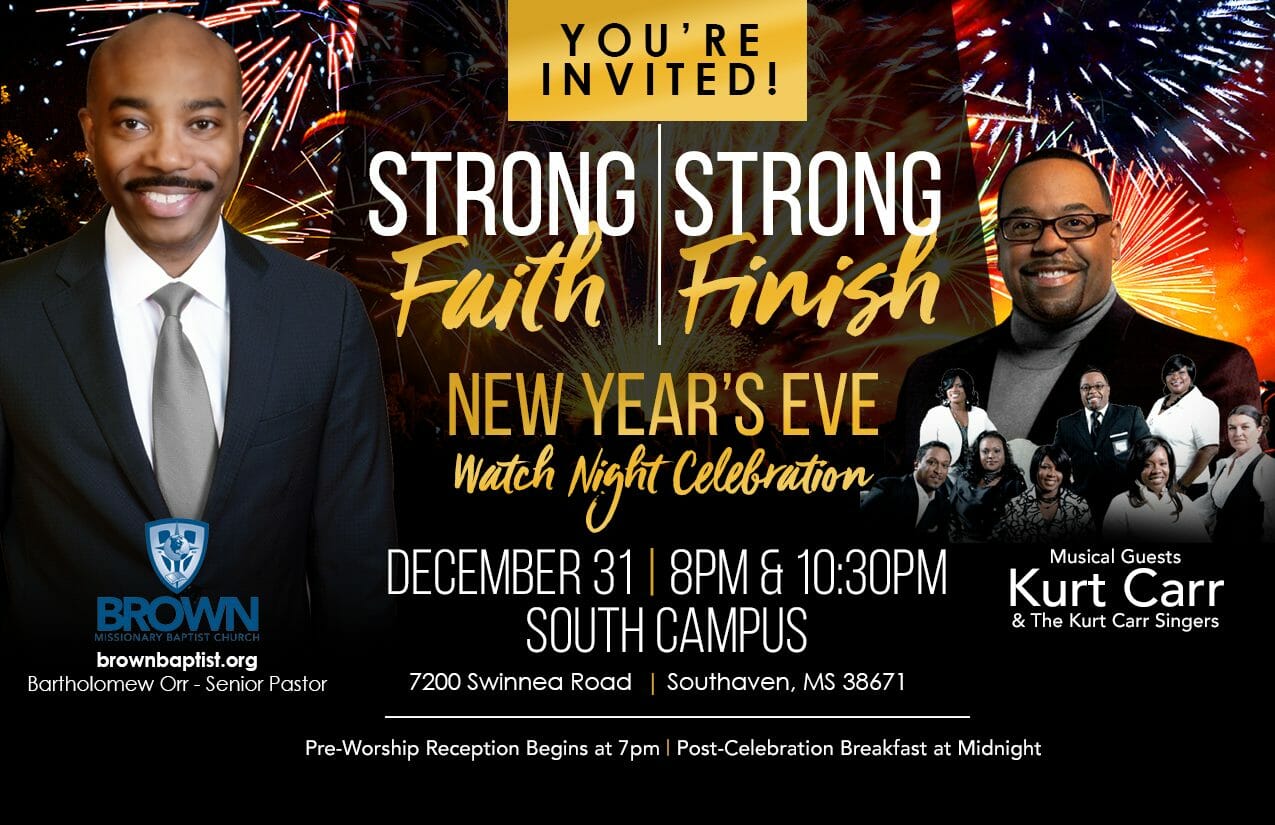 Strong Faith, Strong Finish-black men and women with fireworks in the background.