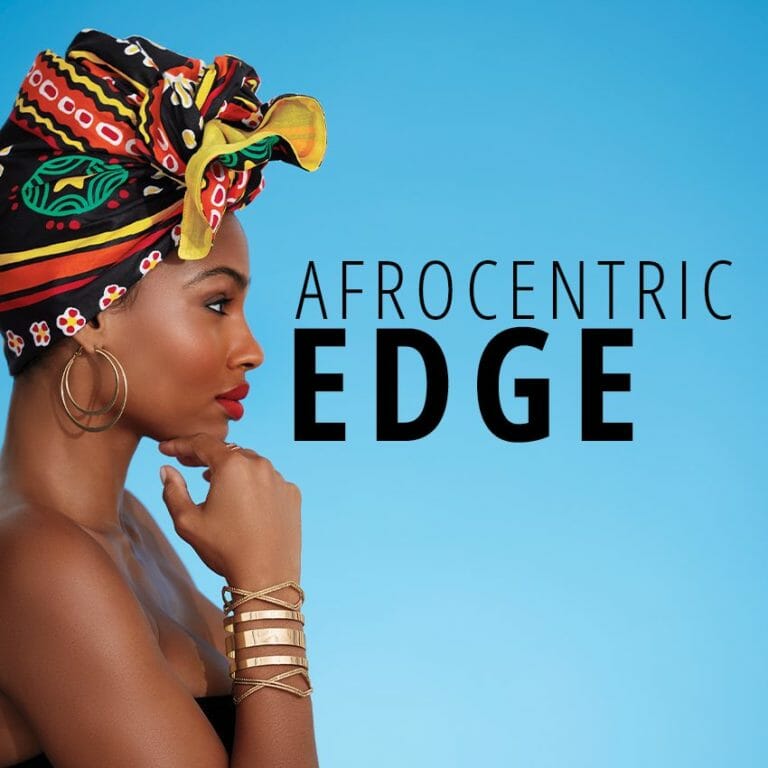 'Afrocentric Edge' on a blue background with a black woman wearing a multi-print headwrap and a gold cuff bracelet.