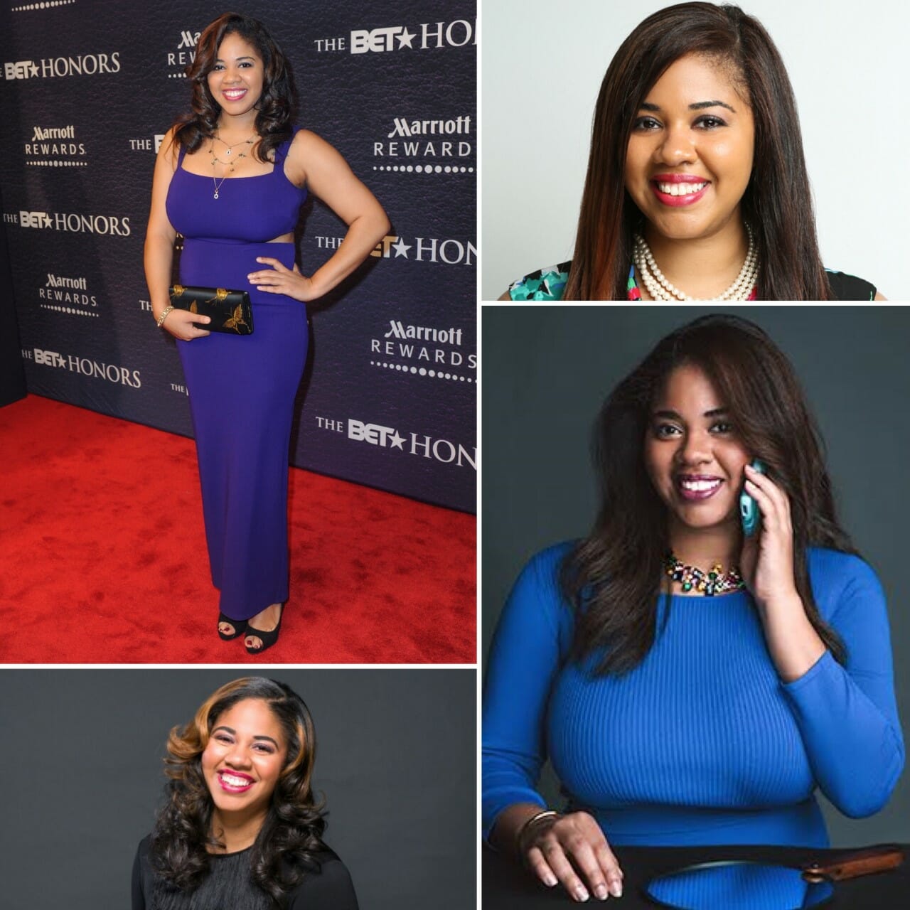 A black woman with long hair in a blue dress at an awards ceremony, and in a blue sweater talking on a cell phone.