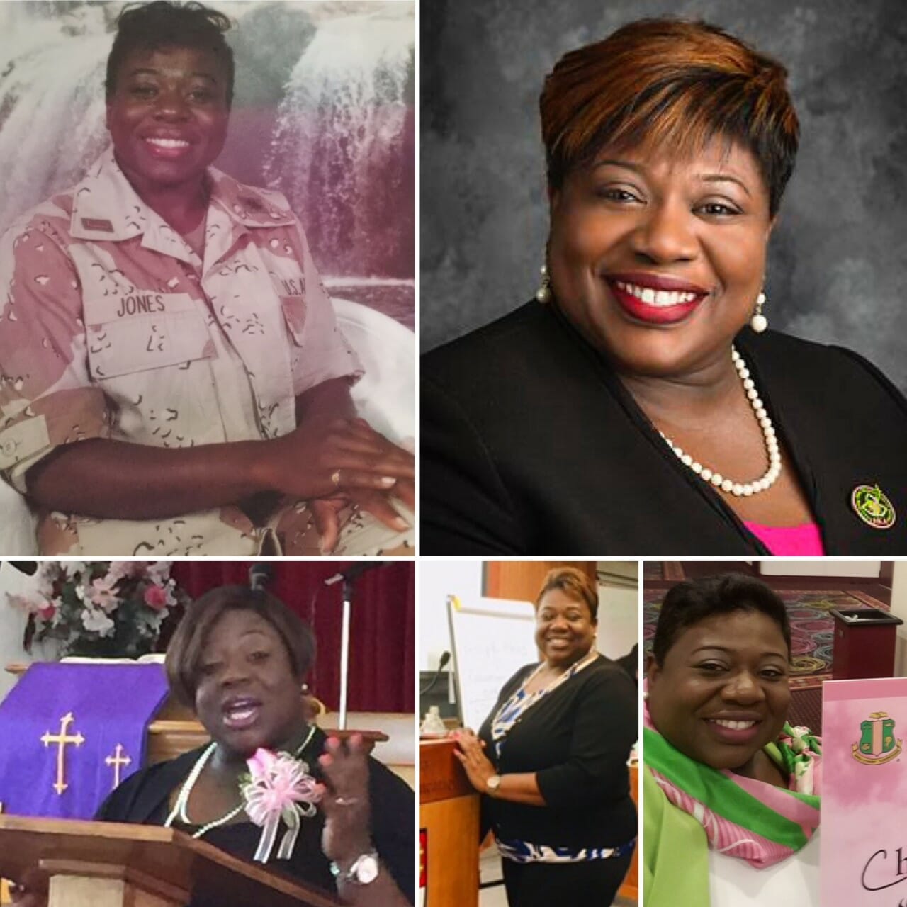 A black woman in military attire, in a black jacket with pearls, in a white and pink shirt, and at a church.