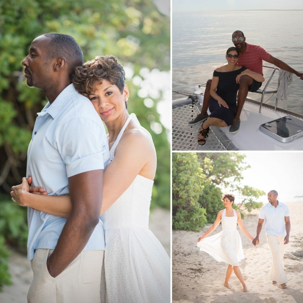 A black couple on a boat, and at a beach wearing summery, white clothing.
